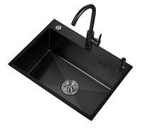 Fregadero de cocina individual grande de acero inoxidable 304 con grifo de agua, fregadero de lavavajillas doméstico nano negro