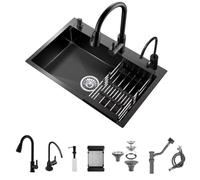 Fregadero de cocina integrado negro, fregadero de tazón único de acero inoxidable, fregadero de instalación superior con grifo de extracción, dispensador de jabón (Con grifo, 55 * 45 * 20cm)