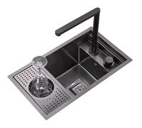 Fregadero de cocina invisible de acero inoxidable con arandela de vidrio, grifo elevador que ahorra espacio para cafetería, restaurante, bar, caravana, compacto, 55 x 32 x 23 cm (negro)