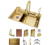 Fregadero De Cocina Jinnano 304 Fregadero De Cascada De Acero Inoxidable Fregadero De Bar Multifuncional De Un Solo Tazón RV Fregadero con Grifo Y Componentes De Drenaje (Color : Gold-c, S : 68x45x2