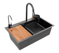 Fregadero de cocina, juego de fregadero, fregadero de acero inoxidable con tabla de cortar, 68 x 45 x 21 cm, 3 modos de salida de agua, desagüe derecho, 2 métodos de instalación, gris pistola