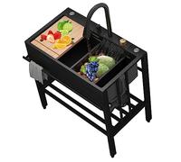 fregadero de cocina, Lavabo portátil Nano Raindance Waterfall Sinks, blanco/negro, con desagüe y grifo(75x45x75cm)