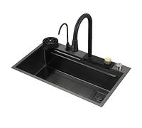 Fregadero de cocina, lavavajillas de acero inoxidable 304 negro en cascada de un fregadero, grifo de lluvia volador de salida de control de perilla, estación de trabajo de fregadero nano para el hogar