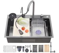 Fregadero de cocina moderno de acero inoxidable de 86 x 50 cm, color gris oscuro, con grifo extraíble y accesorios, diseño elegante de cascada para mejorar la cocina