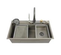Fregadero de cocina multifunción en cascada, práctico fregadero empotrable, fregadero individual de acero inoxidable, 80 x 45 cm, con escurridor, lavador de tazas, gris