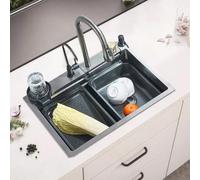 Fregadero de cocina, multifunción fregadero de acero inoxidable con escurridor y fregadero móvil y tabla de cortar, 60 x 45 cm, acero inoxidable, con agujeros para grifos y dispensador de jabón de