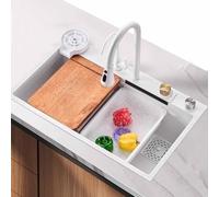 Fregadero de cocina multifuncional de acero inoxidable blanco con lavabo individual grande y grifo en cascada completo con accesorios (68 x 45 x 22 cm)