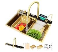 Fregadero de cocina Multifuncional, fregadero digital en cascada con lava tazas, dispensador de jabón, flujo de agua en cascada, drenaje en encimera. (Oro, 68x46x21CM)