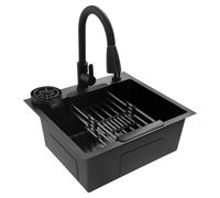 Fregadero de cocina negro 50 × 45 cm, acero inoxidable 201, con grifo extraíble y lavavajillas para vasos, fregadero empotrable con rebosadero, cesta de desagüe y dispensador de jabón, fregadero de