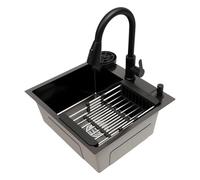 Fregadero de cocina negro 50 x 45 cm, acero inoxidable 201 con grifo extensible de 40 cm, giratorio 360°, 2 tipos de chorro, lavavajillas de tazas, dispensador de jabón de 300 ml y cesta de goteo