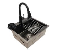 Fregadero de cocina negro 50 x 45 cm acero inoxidable con juego de grifería | Fregadero empotrable de acero inoxidable, fregadero de cocina negro, grifo extensible de acero inoxidable, con lavavajillas