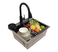 Fregadero de cocina negro de 50 x 45 cm, de acero inoxidable, empotrable con grifo extraíble y lavavajillas para vasos, juego completo, fregadero con revestimiento nano, ideal para cocinas