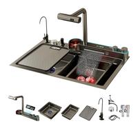 Fregadero de cocina negro de acero inoxidable 304, bajo encimera o de sobreponer, cascada, cubeta simple, estación de trabajo con grifo extraíble y accesorios(75x45CM)