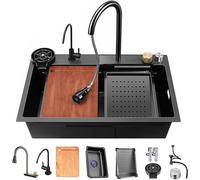 Fregadero de cocina negro de acero inoxidable 304, de un solo tazón, con montaje bajo encimera o empotrable, con grifo extraíble y accesorios (Caer, 80CM)