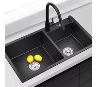 Fregadero De Cocina Negro De Dos Senos Gran Capacidad Con Grifo Negro - Acero Inoxidable Grueso - Accesorios Incluidos (S : 72x40x21cm)