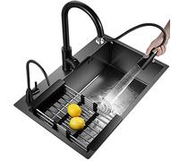 Fregadero De Cocina Negro De Un Solo Tazón - Barra De Acero Inoxidable Rectangular Incorporado con Grifo Y Accesorios (Color: Black, S: 80X50X20cm(B))