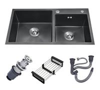 Fregadero De Cocina Negro, Fregadero De Doble Tazón, Fregadero De Acero Inoxidable, Con Dispositivo De Drenaje Y Escurridor,fácil De Limpiar, Para Bares, Balcones, Apartamentos(negro,82x45cm)