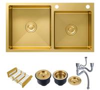 Fregadero De Cocina Negro, Fregadero De Doble Tazón, Fregadero De Acero Inoxidable, Con Dispositivo De Drenaje Y Escurridor,fácil De Limpiar, Para Bares, Balcones, Apartamentos(Gold,75x40cm)