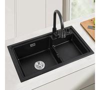 Fregadero de cocina negro hecho de material compuesto de granito, cuenco individual, fregadero de encimera con accesorios/dispensador de jabón y grifo extraíble (68 x 46 cm)