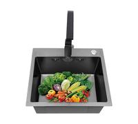 Fregadero de cocina negro y acero inoxidable, 45 x 40 cm, empotrable con juego de grifería, acero inoxidable, rectangular, para empotrar en acero inoxidable, 1 lavabo