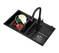 Fregadero de cocina Negros, con Grifo Extraíble, Fregadero De Acero Inoxidable 304 Profundo De Dos Senos, Instalación Empotrada O Empotrada (Color : Black, Size : 82x45cm)