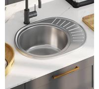 Fregadero De Cocina Ovalado Empotrado De Acero Inoxidable con Colador y Sifón, Diseño Reversible y Resistente, kitchen sink, Fregadero Bajo Encimera, Apto Para Cocinas y Lavaderos, Plata, 570x450 mm