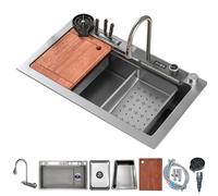 Fregadero De Cocina Para Estación De Trabajo Con Grifo De Cascada, Juego De Lavabo De Acero Inoxidable Doméstico De Un Solo Tazón, Lavadora De Ollas A Presión, Tabla De Cortar, Canasta De Drenaje Y Ac