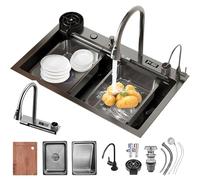 Fregadero De Cocina Para Estación De Trabajo Con Grifo Extraíble De Dos Senos Con Cascada 3 En 1, Juego De Lavabo De Acero Inoxidable, Lavadora De Ollas A Presión, Tabla De Cortar, Cesto De Drenaje Y
