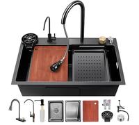 Fregadero De Cocina Para Estación De Trabajo Con Grifo Extraíble De Dos Senos Con Cascada 3 En 1, Juego De Lavabo De Acero Inoxidable, Lavadora De Ollas A Presión, Tabla De Cortar, Cesto De Drenaje Y