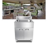 Fregadero de cocina para exteriores con gabinete, fregadero de acero inoxidable, fregadero independiente con grifo y dispensador de jabón, kit de drenaje (color: grifo de agua fría, tamaño: 385 x 355