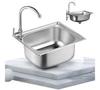 Fregadero de cocina pequeño, fregadero de acero inoxidable de un solo recipiente, caravana, para montaje bajo techo y montaje empotrado, escurridor reversible con clips para tuberías de desagüe