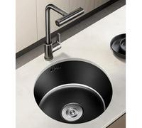 Fregadero de cocina pequeño, redondo, negro, de un solo seno, bajo encimera, de acero inoxidable, grifo comercial con efecto lluvia para cocina, baño, granja, patio trase,36*36cm(14.2in*14.2in)