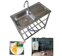 Fregadero de cocina portátil de acero inoxidable con grifo, fregadero de jardín al aire libre para restaurantes, lavabo multiusos independiente, incluye accesorios (100 x 50 cm)