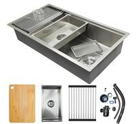 Fregadero de cocina rectangular de 90 x 50 cm, acero inoxidable 304, 1 fregadero empotrable, con fregadero interior de repuesto y tabla de cortar, moderno fregadero de acero inoxidable con escurridor