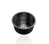 Fregadero de cocina redondo de acero inoxidable negro de 34 cm, 1 cuenco, con desagüe superior/montaje inferior, ideal para cocinas modernas y espacios pequeños