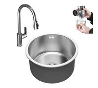 Fregadero de cocina redondo de acero inoxidable para caravana, 30 x 30 cm, ahorro de espacio, con grifo extraíble, diseño de montaje inferior para barra húmeda o zona de preparación