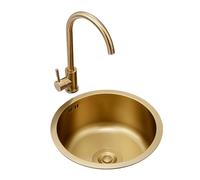 Fregadero de cocina redondo dorado bajo encimera, fregadero comercial de acero inoxidable de una cubeta con grifo de agua fría/caliente,para restaurantes, tiendas(42cm/16.5in)