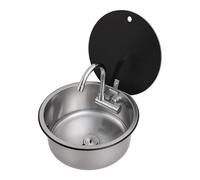 Fregadero de cocina RV de acero inoxidable cepillado, fregadero fregadero de un solo cuenco, cuenco con grifo giratorio plegable cubierta de cristal para autocaravana, caravana, yate, bar, redondo, 34