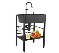 Fregadero de cocina utilitario de un solo tazón comercial de acero inoxidable con grifos de pie, lavabo de mano para interiores y exteriores(Negro grifo extraíble - 78×41×86cm)