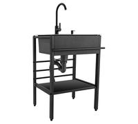 Fregadero de cocina utilitario de un solo tazón comercial de acero inoxidable con grifos de pie, lavabo de mano para interiores y exteriores(Negro grifo extraíble - 50×40×86cm)