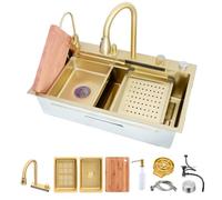 Fregadero de Cocina Workstation 85 × 50 cm con Grifo Cascada, Fregadero de Una Cubeta en Acero Inoxidable 304, Enjuagavasos, Dosificador de Jabón, Tabla de Cortar(Gold-2,65x50cm)