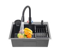Fregadero de cocina y lavabo de acero inoxidable negro, 60 x 45 cm, lavabo multifuncional empotrable con grifo extraíble, lavavajillas, cesta escurridora, dispensador de jabón
