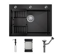 Fregadero de cuenco único negro con grifo,Acero inoxidable de gran capacidad gota en fregadero de cocina,Fregadero de estación de trabajo de utilidad Topmount (Sin grifo, 50 * 45 * 20cm)