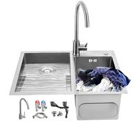 Fregadero de doble cuenco de acero inoxidable con tabla de lavado, práctico fregadero de cocina para balcón con grifo y desagüe, ideal para lavandería (izquierdo, 60 x 48 x 21 cm)