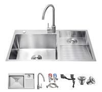 Fregadero de doble cuenco de acero inoxidable con tabla de lavado y grifo, práctico fregadero de cocina para balcón y lavandería (derecha, 90 x 48 x 21 cm)