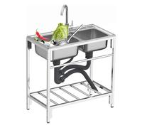 Fregadero de doble tazón de acero inoxidable con 2 carros, fregadero de cocina comercial con calor y frío, libre de pie, 304, resistente, ideal para restaurantes (80 x 43 x 75 cm)