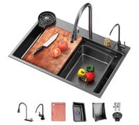 Fregadero de estación de trabajo de acero inoxidable con grifo de cascada y pantalla digital, 85 cm, montaje superior, cuenco individual profundo, gran capacidad, nanorecubierto, cocina multiusos