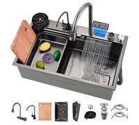 Fregadero de estación de trabajo de acero inoxidable con grifo de cascada y pantalla digital, 85 cm, montaje superior, cuenco individual profundo, gran capacidad, nanorecubierto, cocina multiusos