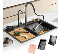 Fregadero de estación de trabajo de acero inoxidable con grifo de cascada y pantalla digital, 85 cm, montaje superior, cuenco individual profundo, gran capacidad, nanorecubierto, cocina multiusos