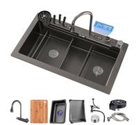 Fregadero De Estación De Trabajo Deslizante para Barra De Cocina, Fregadero De Estación De Trabajo En Cascada con Pantalla Digital, Salida De Drenaje Cuadrada, con Grifo Extraíble, Perilla De Drenaje